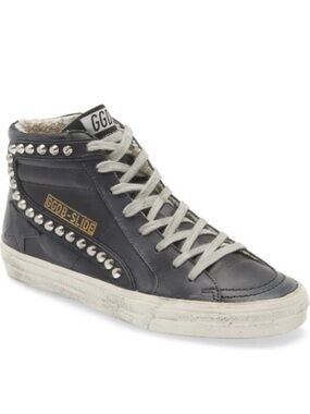 Golden Goose Black Leather Studded High-Top Sneaker with White Laces